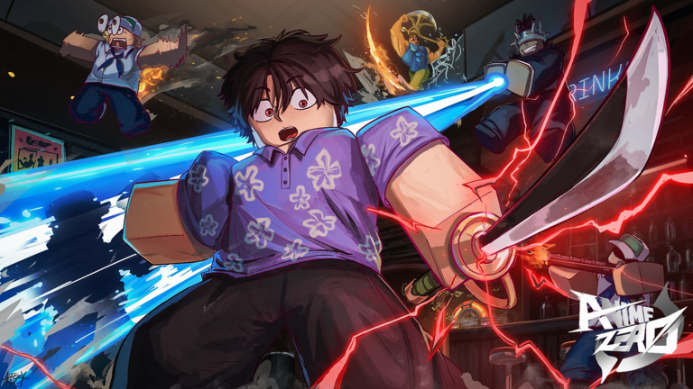 Official Anime Zero promotional art with fighters and cyan-red energy